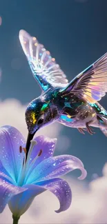 Iridescent hummingbird hovering over a glowing flower.