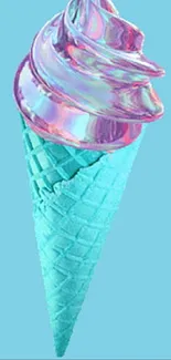 Colorful iridescent ice cream cone on turquoise background.