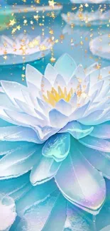 Iridescent lotus with golden sparkles on blue background wallpaper.