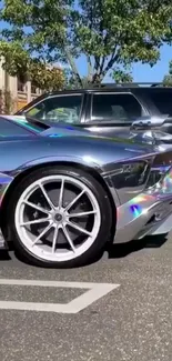 Iridescent luxury car parked in urban setting.