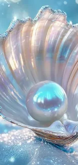 Iridescent pearl in a shimmering shell with blue background.