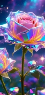 Mobile wallpaper featuring iridescent roses glowing at night.