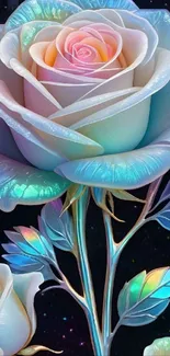 Iridescent colorful rose design with multicolored petals and dark background.