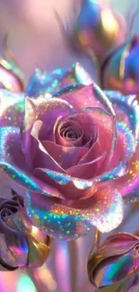 Iridescent rose with glittering petals in vibrant colors.