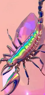 Iridescent scorpion on a pastel pink gemstone