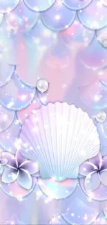 Iridescent seashell wallpaper with pastel colors and shimmering mermaid scales.