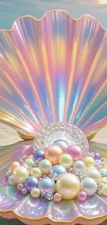 Iridescent shell with scattered pearls.