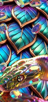 Iridescent snake with jewel-like scales and vibrant colors.