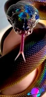 Iridescent snake with vibrant colors coiled in mobile wallpaper.