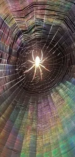 Colorful spider web with iridescent effect on a phone wallpaper.