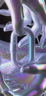 Surreal wallpaper with iridescent hands and chains in abstract design.