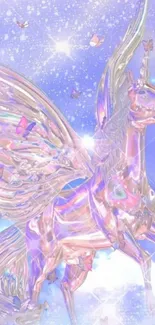 Iridescent unicorn in a pastel sky fantasy wallpaper.