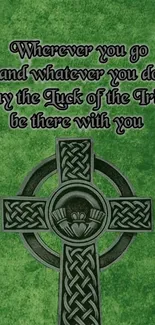 Celtic cross on green background with Irish luck message.