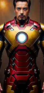 A tech-based superhero in red and gold armor stands heroically.