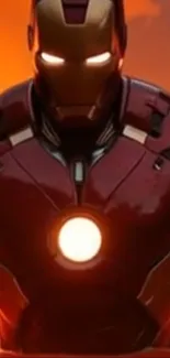 Superhero in red armor against sunset.