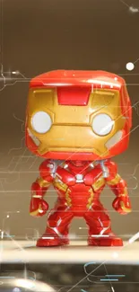 Iron figurine in red and gold with a digital backdrop.