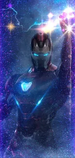 Epic Iron Hero with glowing lightning and vibrant armor on dark background.