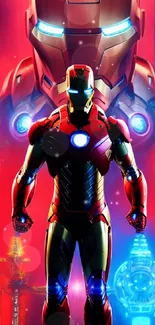 Iron Hero in red armor with a vibrant background wallpaper.