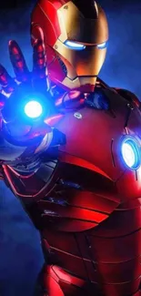 Iron Hero in red and gold armor with a glowing blue hand.