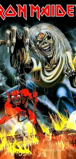 Iron Maiden album art with iconic skeleton and fiery background.