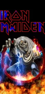 Iron Maiden fiery wallpaper with lightning.