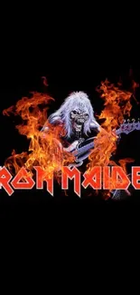 Iron Maiden wallpaper with flames and band imagery on a black background.