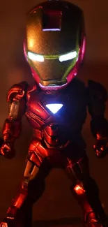 Vibrant Iron Man action figure with glowing lights on dark background.