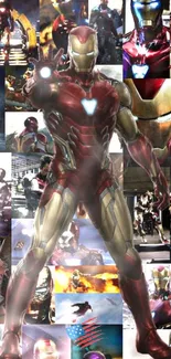 Iron Man collage with iconic scenes and vivid colors.