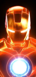 Iron Man glowing in red and gold, vibrant mobile wallpaper.