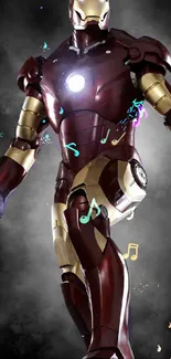 Iron Man in sleek armor with glowing lights on a dark background.