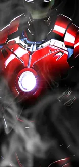 Iron suit with glowing arc reactor and red armor on a dark background.