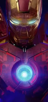 Iron Warrior in red and gold armor with glowing arc reactor wallpaper.