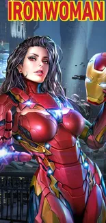 Ironwoman in vibrant armor stands against a cityscape backdrop.