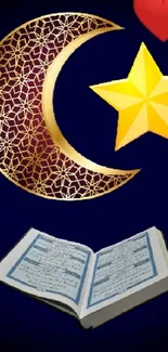 Islamic crescent and star with open book on blue background.