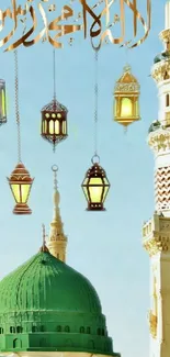 Islamic lanterns hanging over a mosque dome, beautiful cultural design.