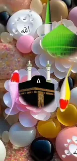 Islamic art with colorful beads and sacred symbols on mobile wallpaper.