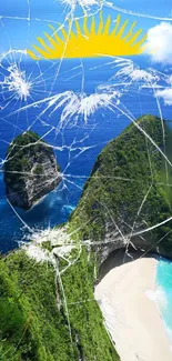 Cracked glass over scenic tropical island with beach and ocean.