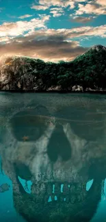 Eerie island with skull reflection in blue waters at sunset.