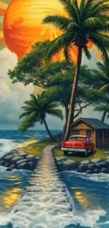 Tropical island with vibrant sun and palm trees wallpaper.
