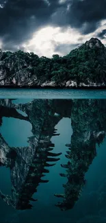 Island and skull reflection in teal waters, creating a mysterious scene.