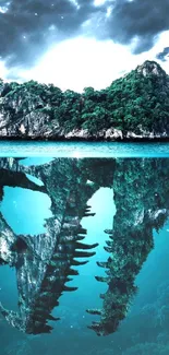 Island with underwater reflection of a skull, blending art and nature.