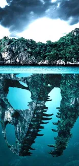 Island reflection with dinosaur skull underwater in vibrant teal hues.