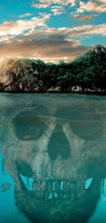 Wallpaper of island with skull reflection in turquoise waters.