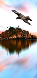 Eagle soaring over a tranquil island with stunning water reflection.