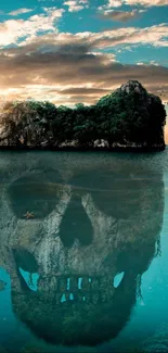 Island with a skull reflection in calm ocean at sunset.