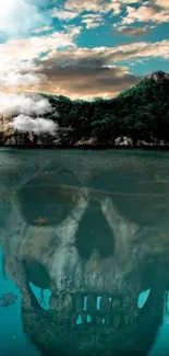 Mysterious island with a skull illusion reflected in the ocean.