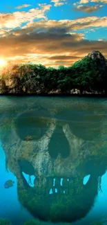 Mysterious island with an underwater skull reflection in the ocean.