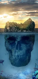 Wallpaper featuring a skull-shaped island above and underwater world beneath.