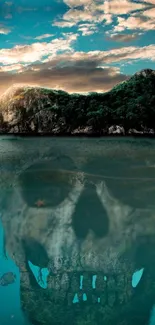 Island with skull reflection in tranquil water.