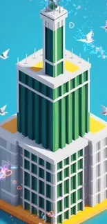 Isometric city tower with green facade and birds against a blue sky.